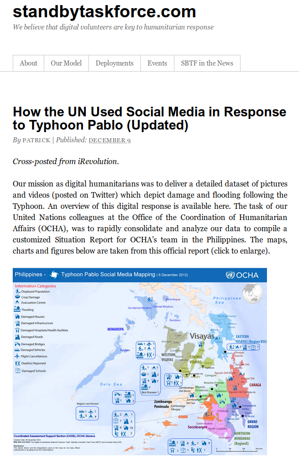 Captura de la última entrada del blog del SBTF mostrando cómo las Naciones Unidas usaron la información del SBTF para organizar la respuesta in situ luego de un tifón. 